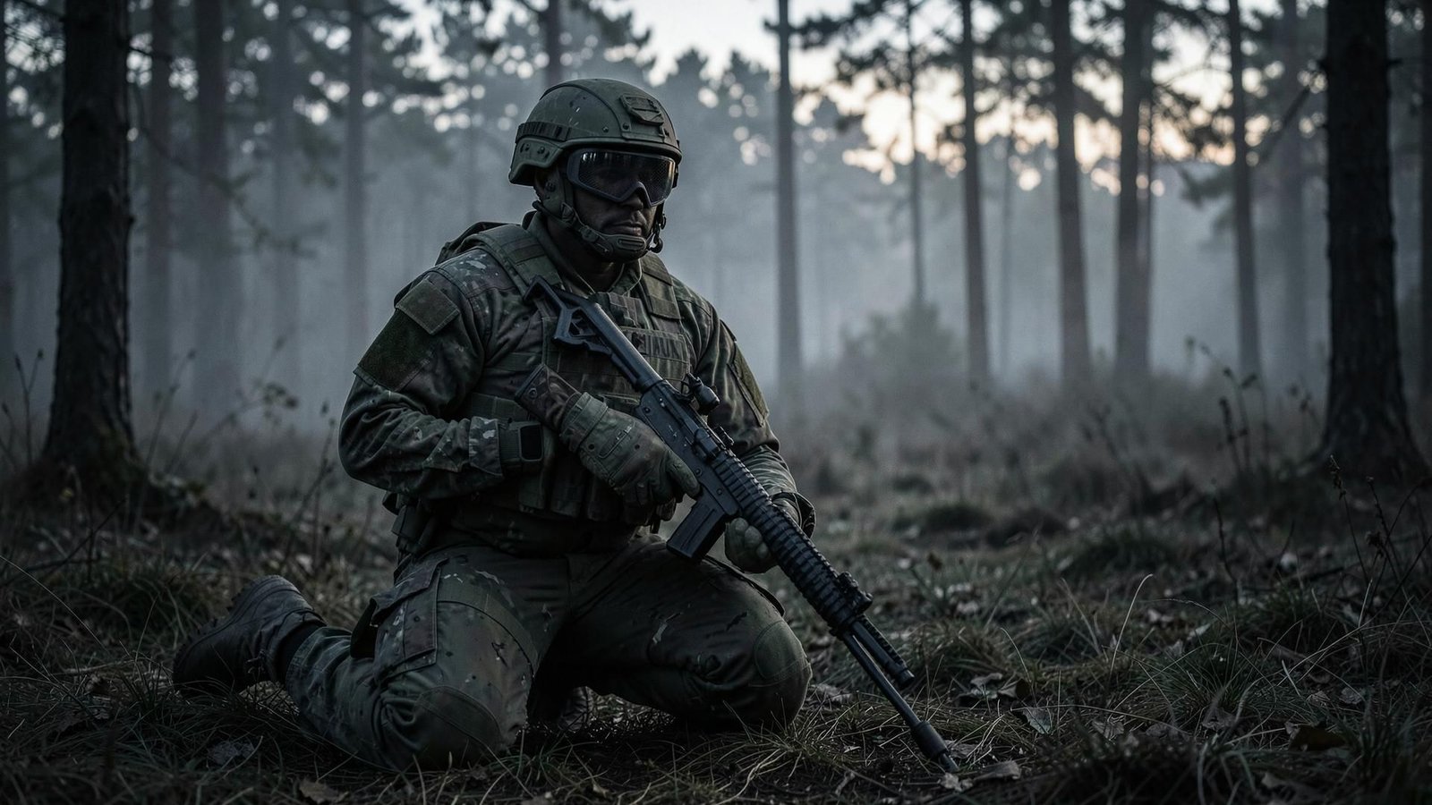 Operador de airsoft con equipo táctico