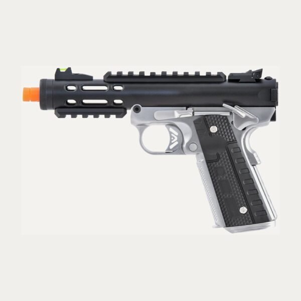 Pistola Airsoft WE-Tech Galaxy 1911 GBB – Corredera Negra / Marco Plateado